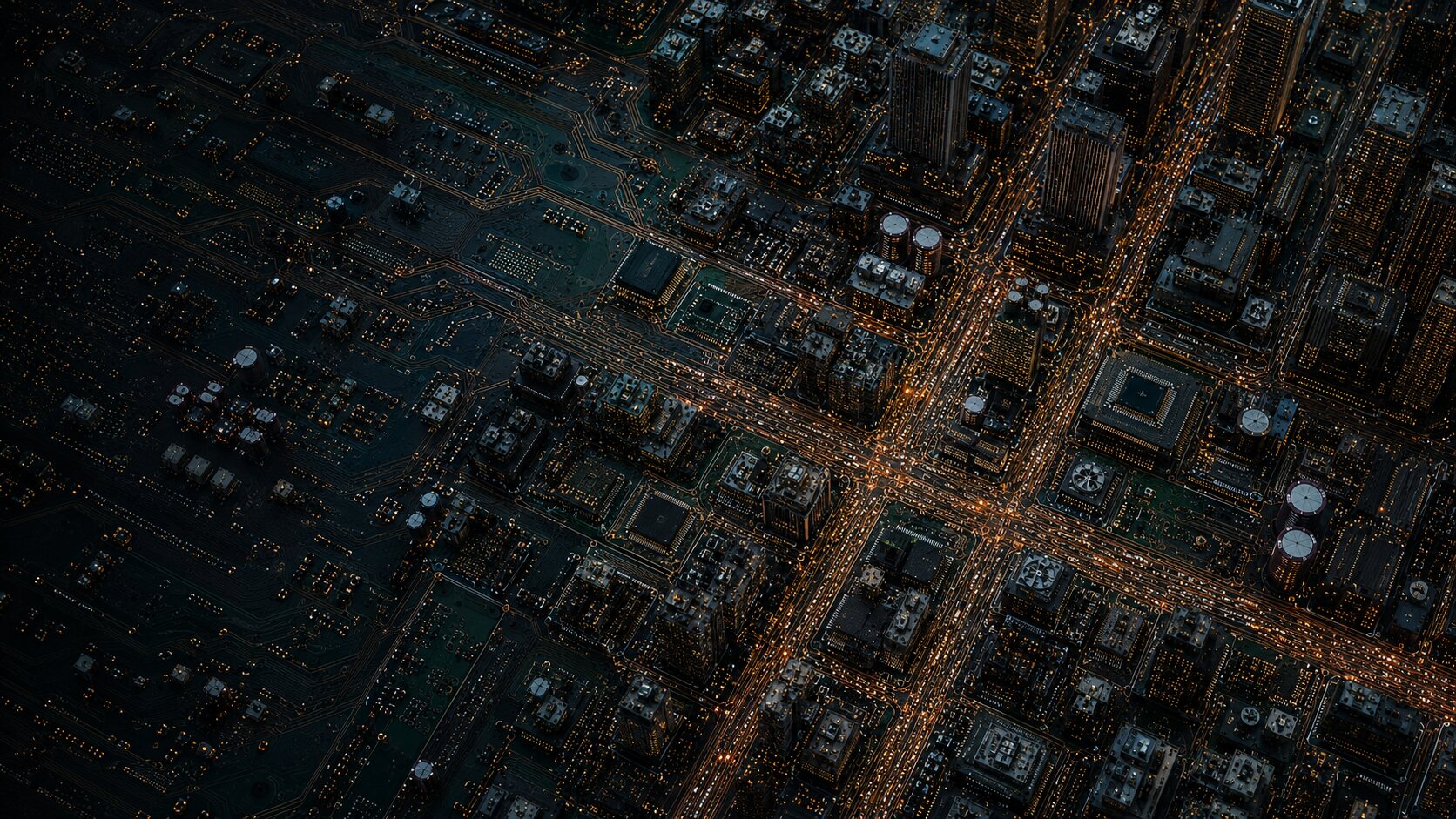 A city of illuminated compute pathways representing OA Data