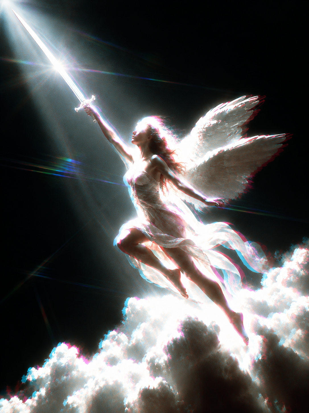 A winged figure reaching toward a beam of light