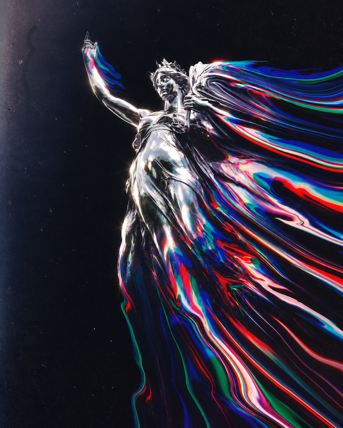 A chromatic silver figure representing The Collective